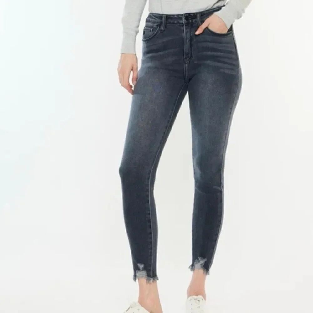 Kancan black wash high rise skinny jeans chewed hem 25
